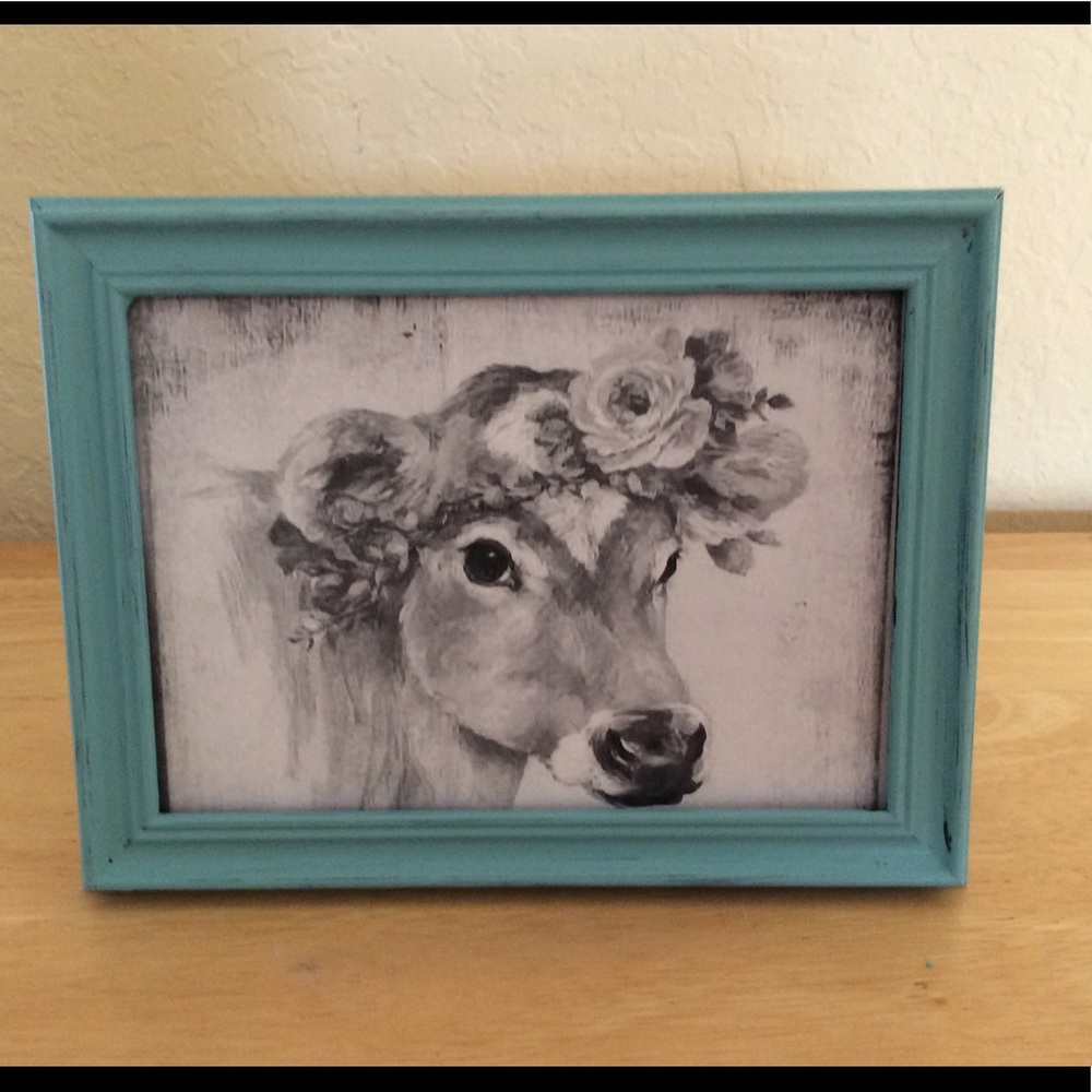 Farmhouse Country cow & flowers picture 5x7 w/frame